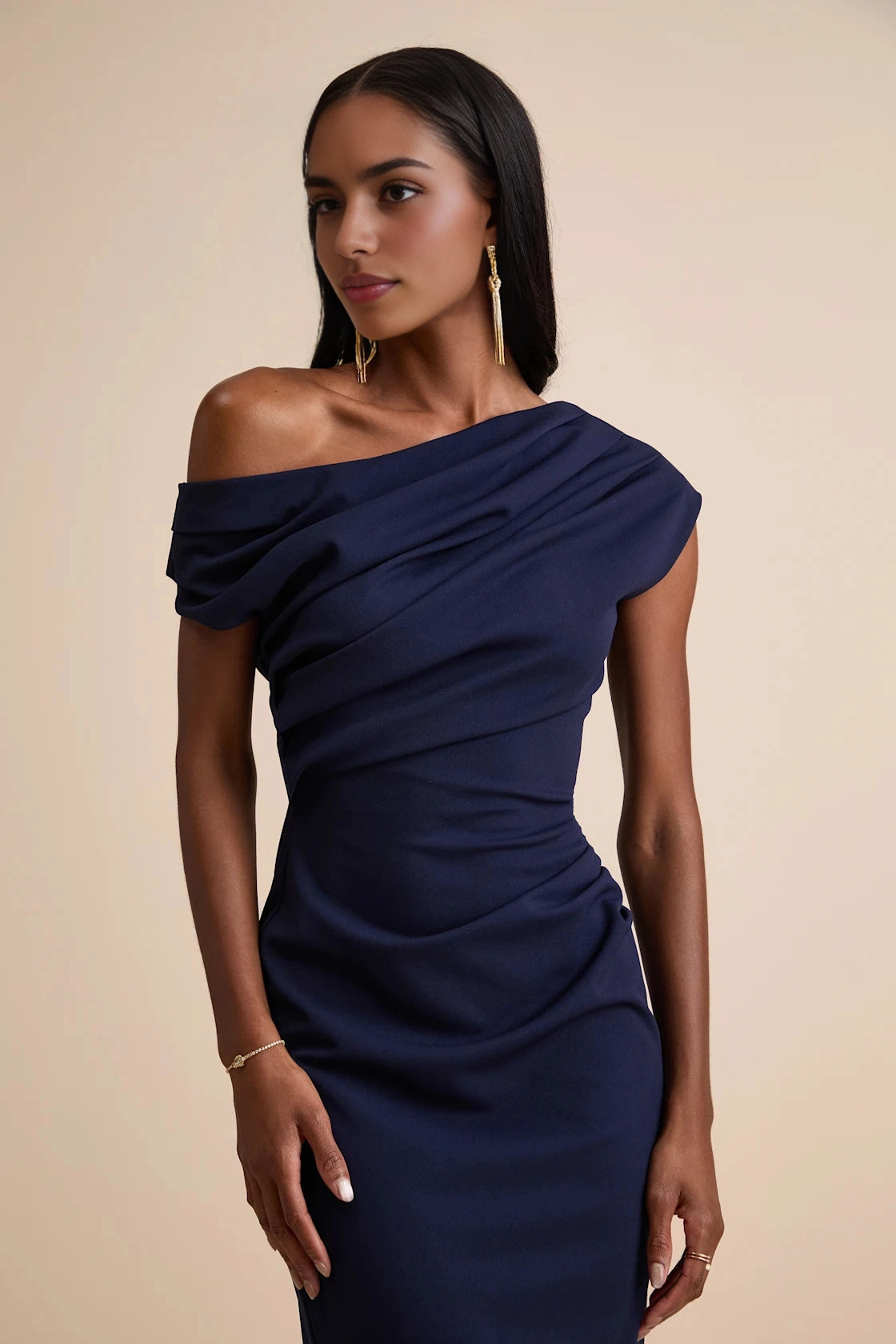 Navy Sheath One Shoulder Short Sleeve Open Back Floor-Length Prom Dress