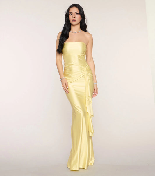 RoselleDress Pale Yellow Glossy Satin Strapless Mermaid Maxi Prom Dress With Side Ruffle Detail For Summer Wedding Guest