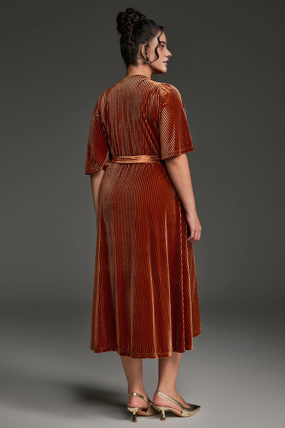roselledress curvy ribbed velvet wrap dress solid plain back tie waist midi evening party gown