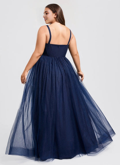 back view Roselledress sparkly navy tulle plus size evening dress zip back open back maxi skirt