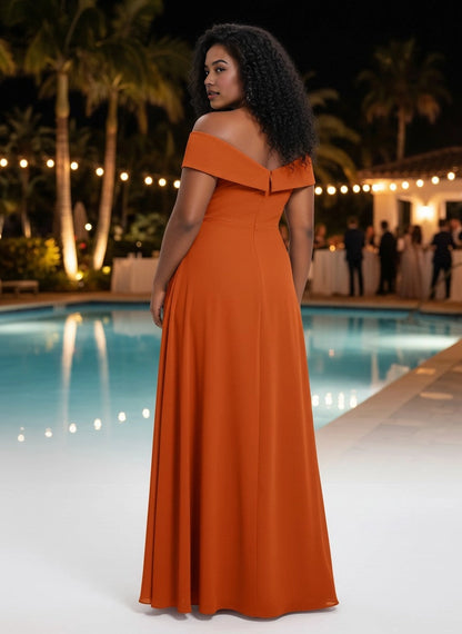 Roselledress terracotta chiffon evening gown back view, folded v-back zipper closure plus size wedding guest long dress