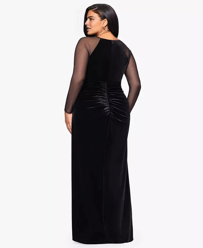 Roselle Dress plus size black velvet mesh sleeve maxi formal gown back view