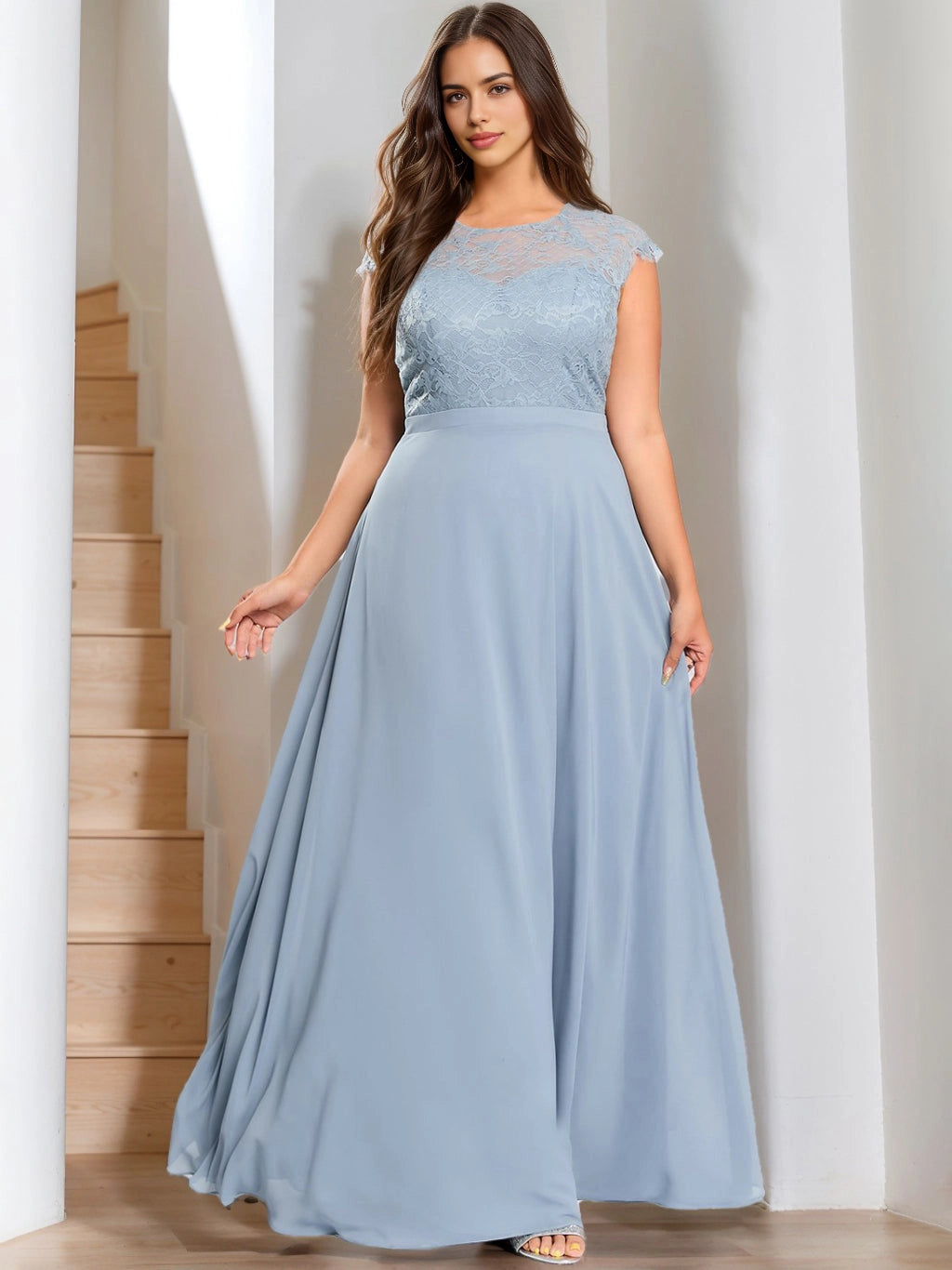 RoselleDress dusty blue plus size bridesmaid dress cap sleeve floral lace round neck flowy chiffon long formal gown