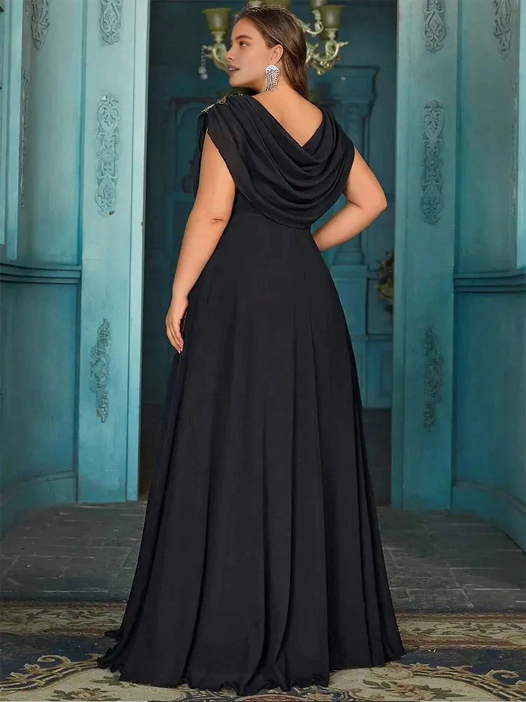 Roselledress black chiffon formal dress draped cowl back plus size mother of bride long evening gown back view