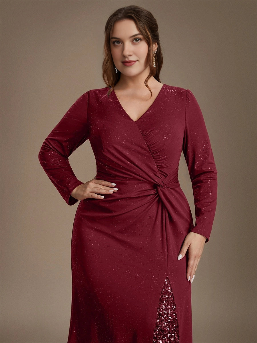 Plus Size Glitter V-Neck Long Sleeve Twist Slit Mermaid Wedding Guest Dress