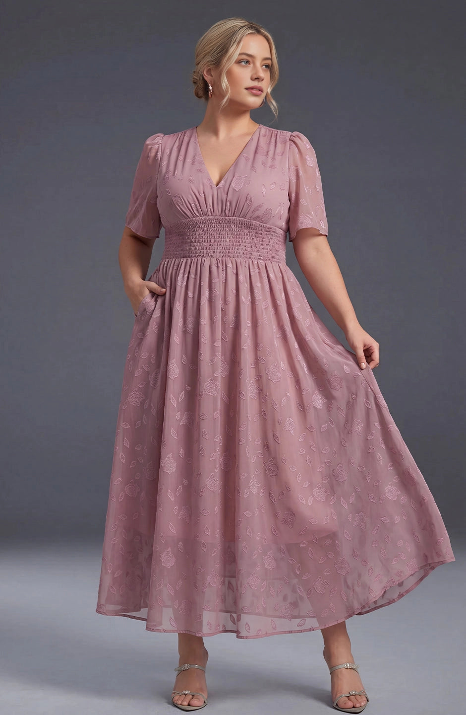A-line Midi V-Neck Flutter-Sleeve Zip-Back Midi plus size Mother Of Bride Dress