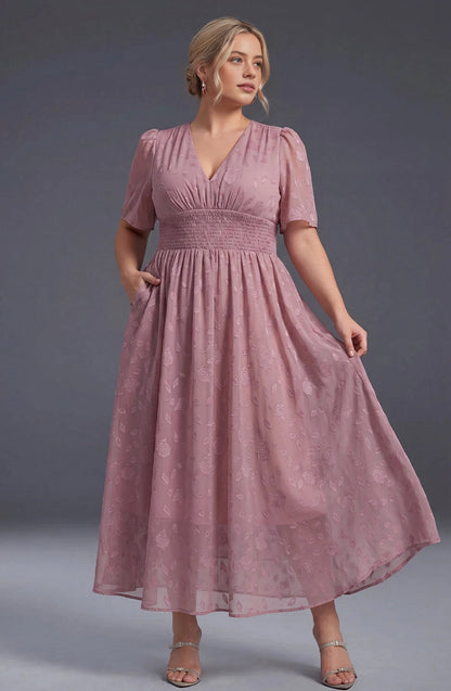 A-line Midi V-Neck Flutter-Sleeve Zip-Back Midi plus size Mother Of Bride Dress