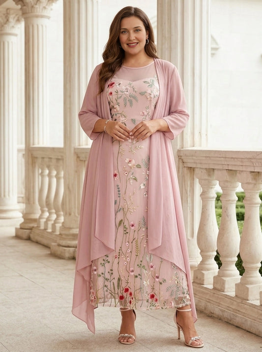 roselledress plus size blush pink two piece mother of the bride dresses front view round neck floral embroidery slip dress with long chiffon cardigan floor length garden wedding gown