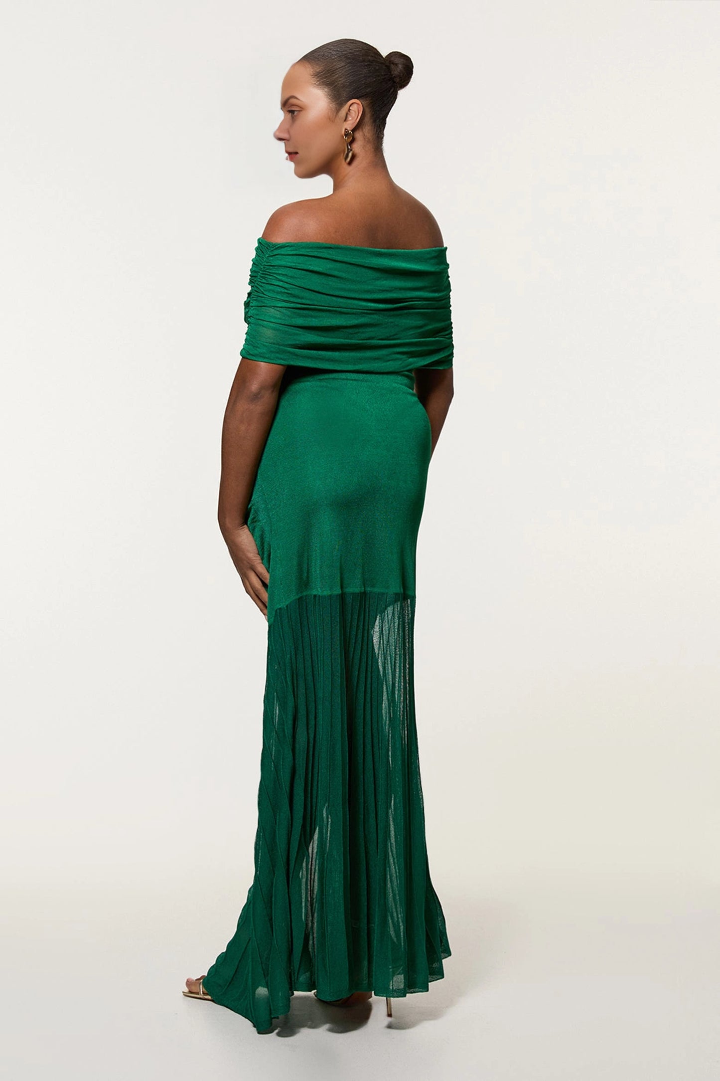 Roselle Dress plus size green off‑the‑shoulder pleated mesh formal maxi gown back view