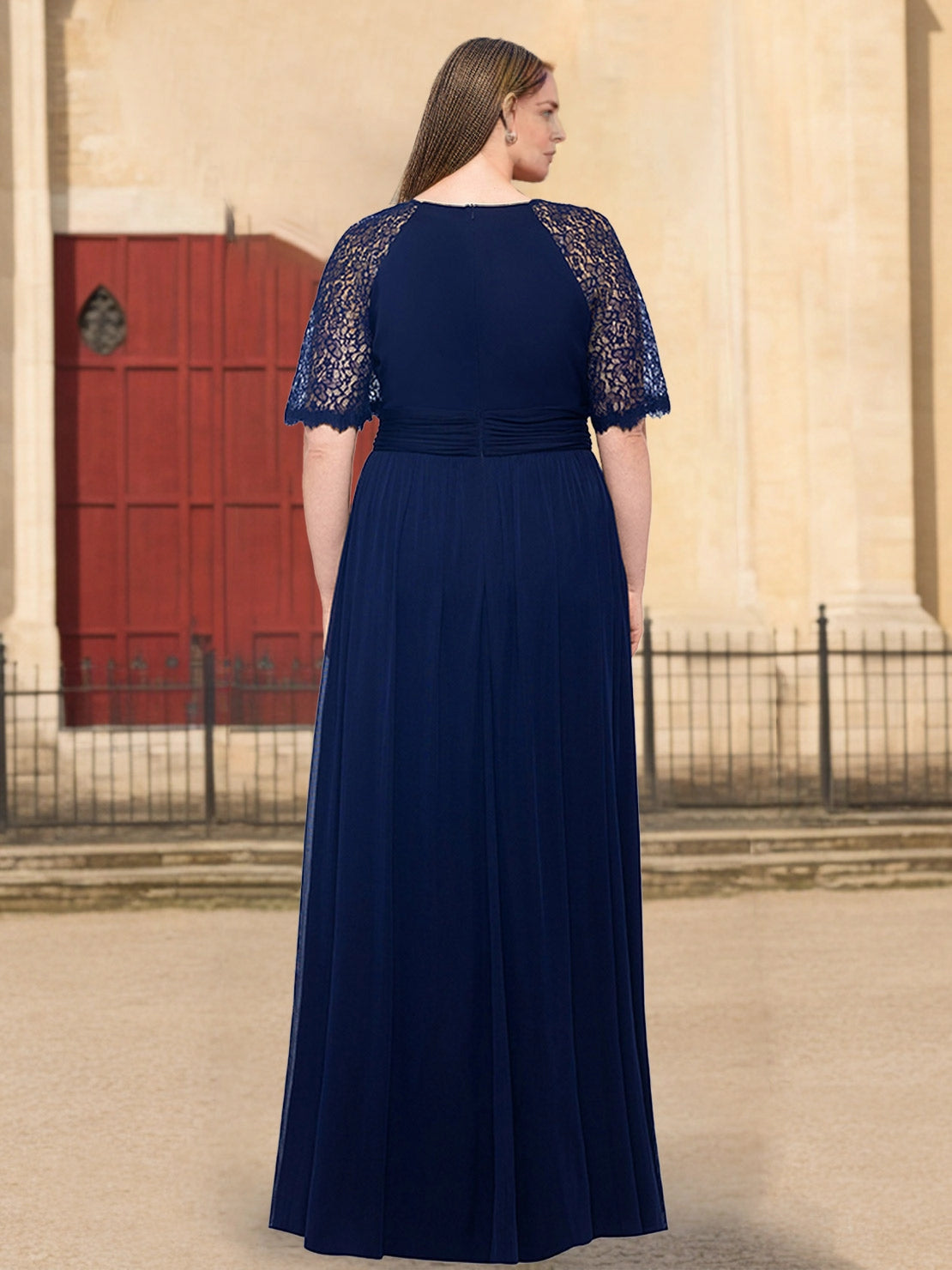 Roselledress chiffon formal dress plus size lace short sleeve zipper back maxi party dress back view