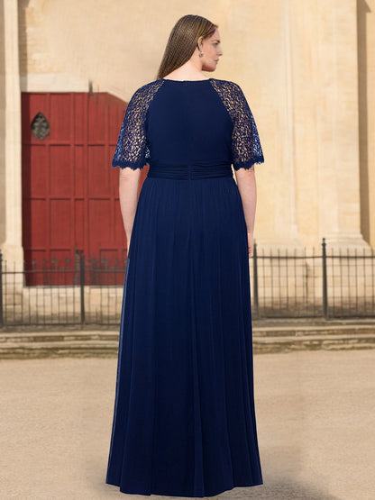Roselledress chiffon formal dress plus size lace short sleeve zipper back maxi party dress back view