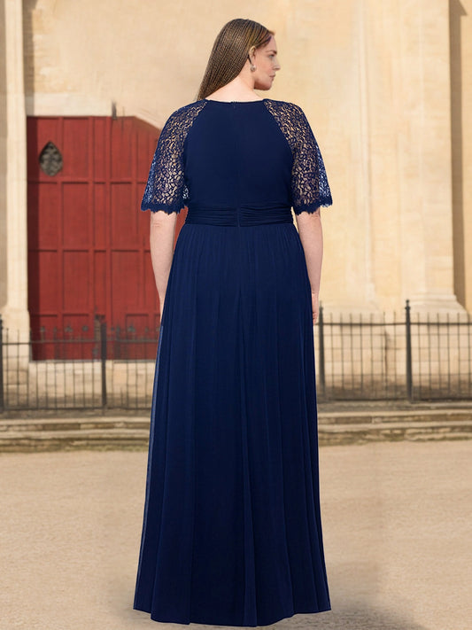 Roselledress chiffon formal dress plus size lace short sleeve zipper back maxi party dress back view