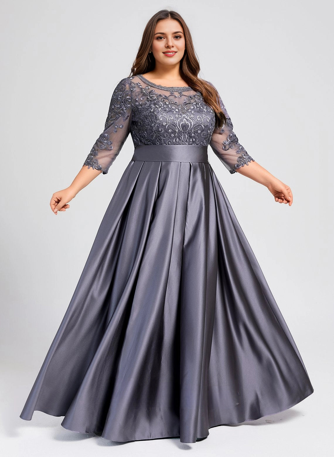 roselledress grey plus size mother of bride maxi dress lace bateau 3/4 sleeve satin formal gown