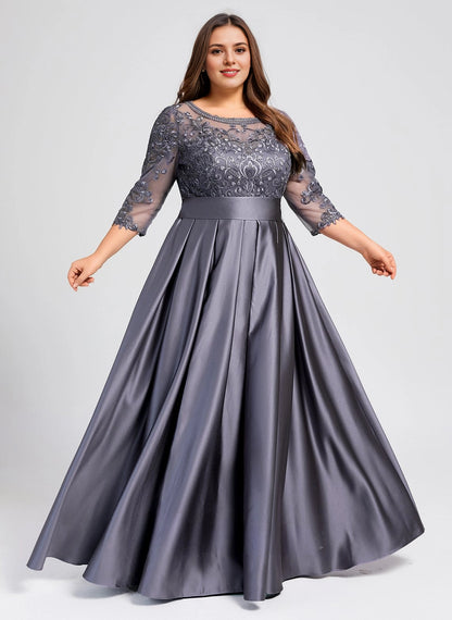 roselledress grey plus size mother of bride maxi dress lace bateau 3/4 sleeve satin formal gown