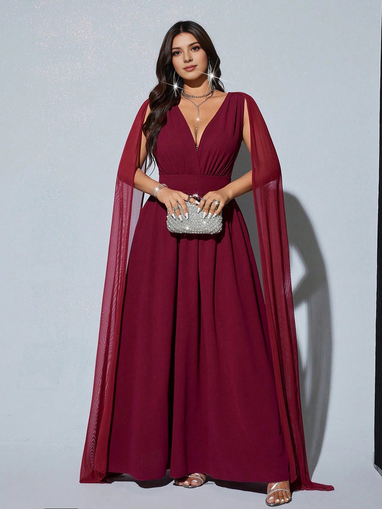 Plus Size Burgundy A‑Line Deep‑V Cape‑Sleeve Round‑Back Floor‑Length Prom Dress 