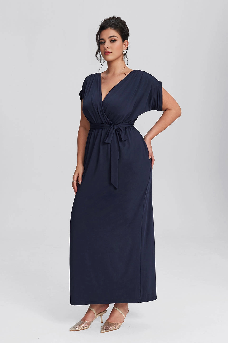 Navy Plus Size A‑Line Wrap V‑Neck Dolman‑Sleeve Pleated‑Back Floor‑Length Prom Dress