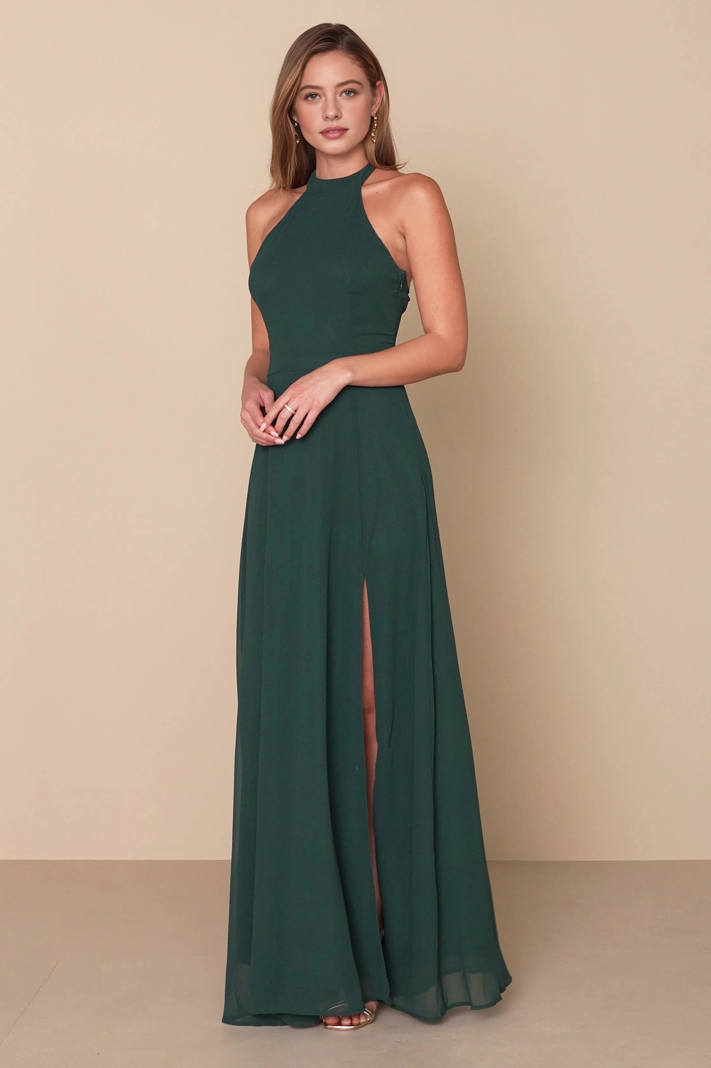 Navy A-Line Halter Sleeveless Cross Open Back Floor-Length Prom Dress