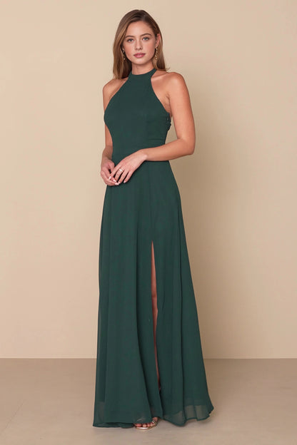 Navy A-Line Halter Sleeveless Cross Open Back Floor-Length Prom Dress