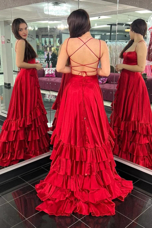 Red satin crisscross lace up open back tiered long prom dress back view
