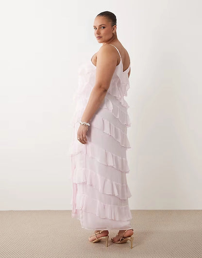 Roselledress plus size blush pink chiffon ruffle V-back maxi formal gown back view