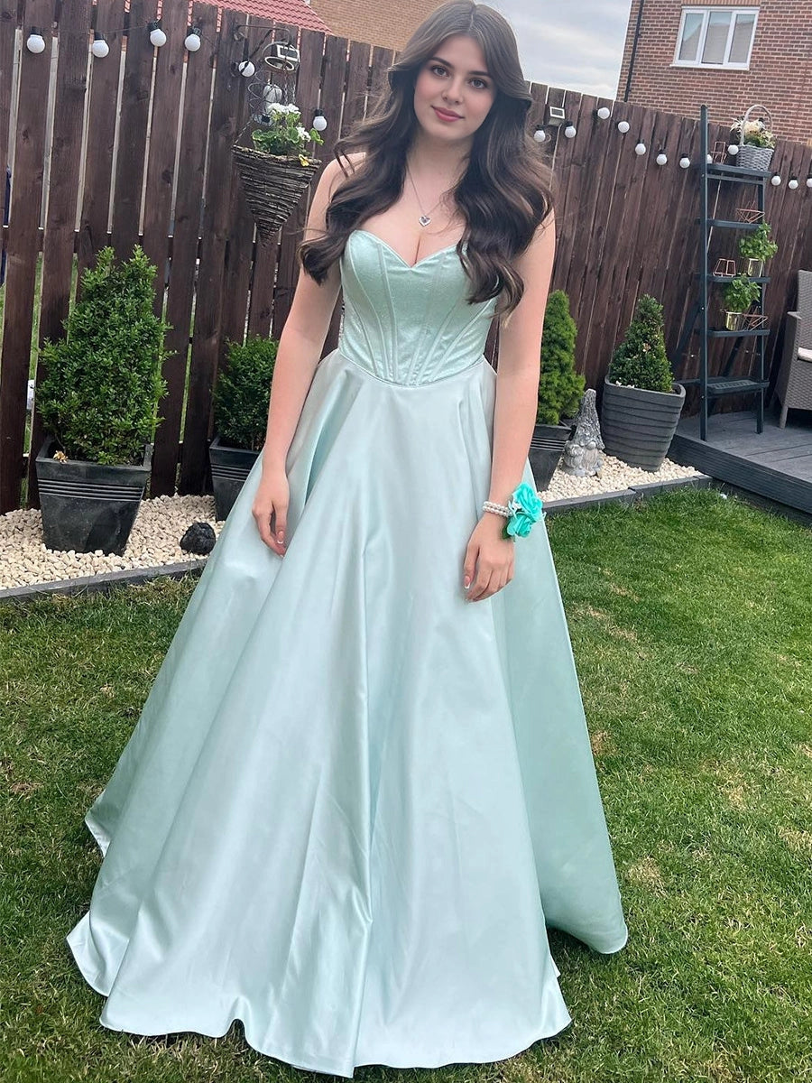 roselledress mint green satin strapless prom dress sweetheart corset a line long formal gown