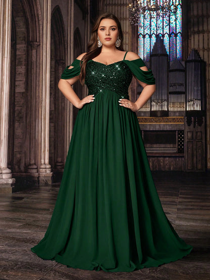 roselledress emerald green plus size a‑line prom dress off‑shoulder cold shoulder short sleeve sequin bodice chiffon formal gown for curvy women