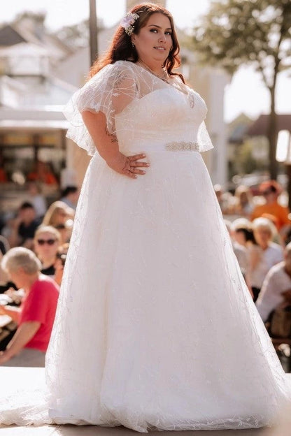 A-Line V-Neck Flutter Short Sleeve Zipper Back Tulle Train Plus Size Wedding Dress