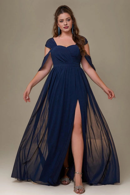 roselledress navy plus size bridesmaid maxi dress sweetheart cold shoulder chiffon formal gown with side slits