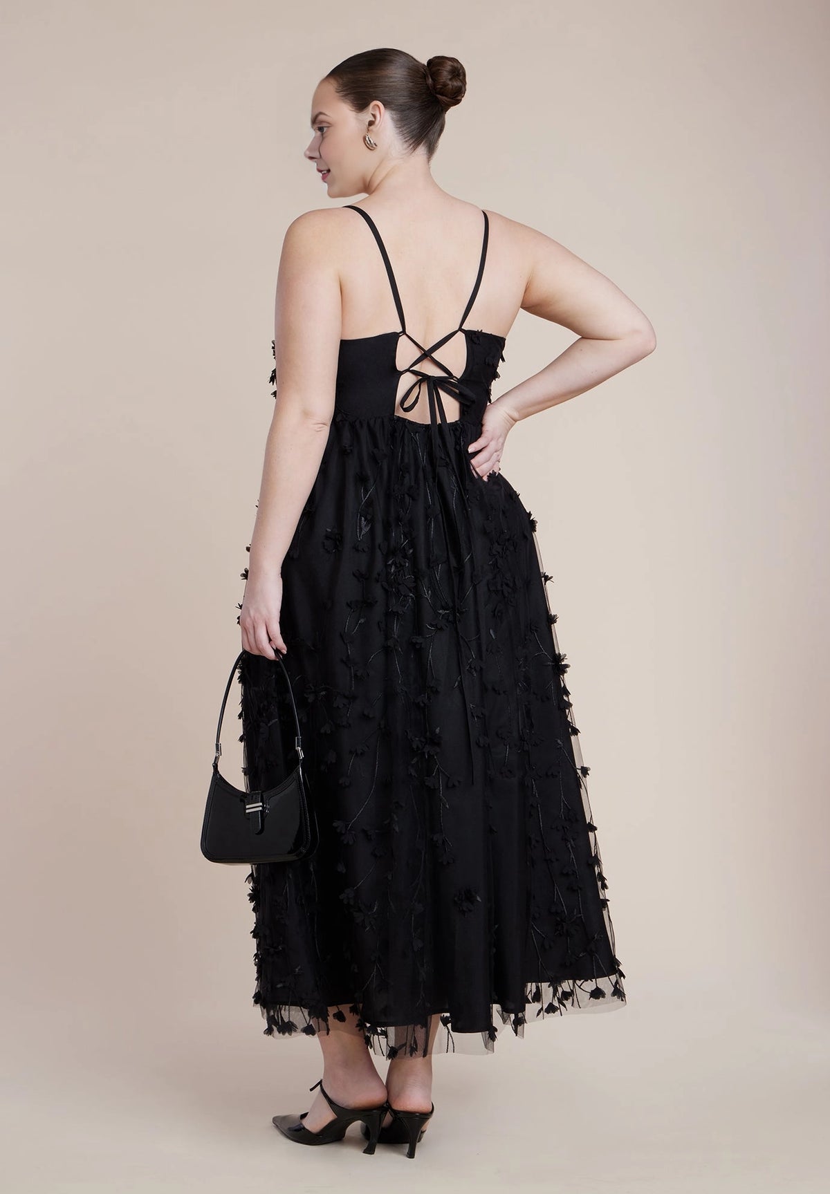 Roselle Dress plus size black 3D floral mesh tie‑back cut‑out formal midi dress back view