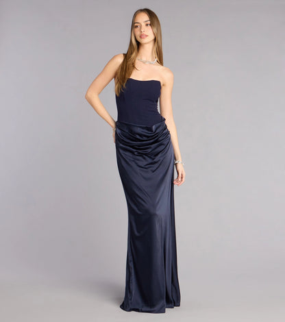 RoselleDress navy mixed fabric strapless prom gown draped waist mermaid satin maxi formal dress
