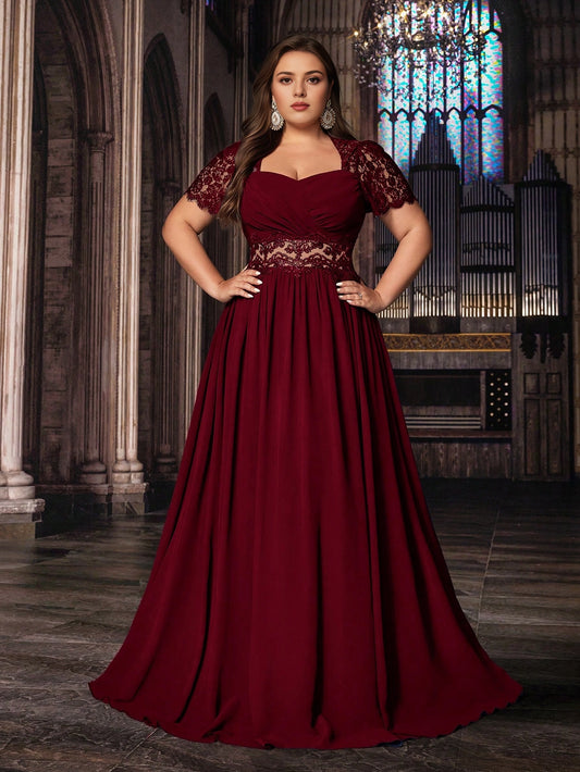 Roselledress burgundy plus size a‑line prom dress sweetheart lace short sleeve chiffon evening gown with lace waist cutout