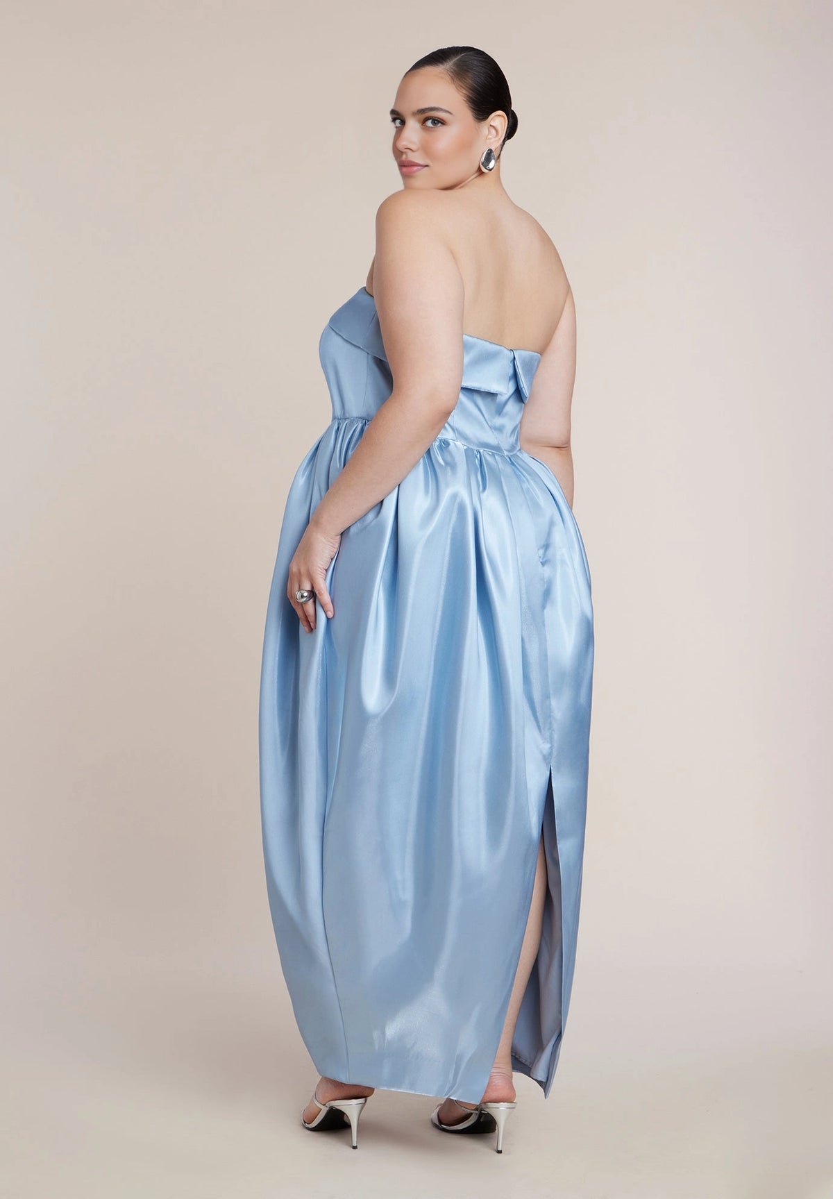 roselledress light blue plus size strapless wedding guest dress satin maxi gown back slit elegant formal dress back view