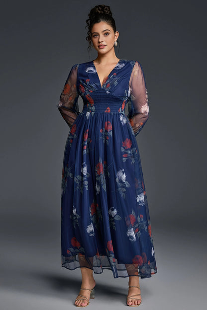 Roselledress navy floral tulle plus size midi dress v neck smocked waist sheer long sleeve front shot