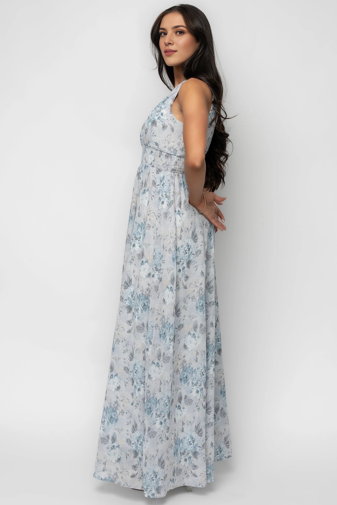 Soft A-Line V-Neck Sleeveless Plain-Back Floor-Length Floral Mother Of Bride Dress