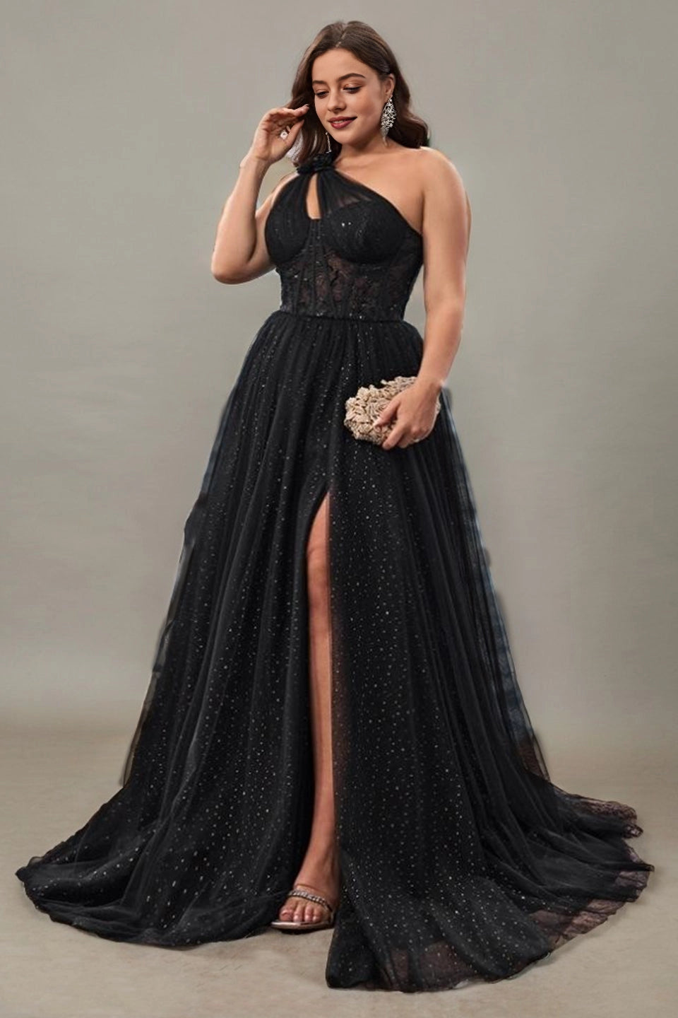 A-line Train One-Shoulder Lace-Corset Lace-Up-Back Maxi plus size Mother Of Bride Dress