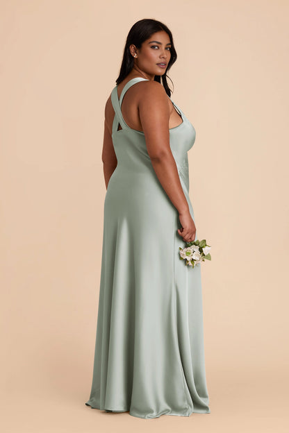 Soft Satin Mermaid V Neck Sleeveless Cross Back Maxi Plus Size Bridesmaid Dress