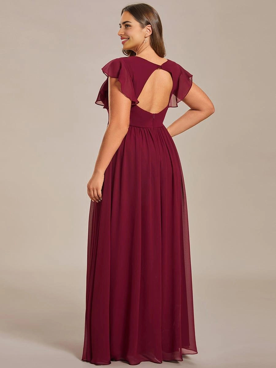 Roselledress Soft Nude Plus Size A Line V Neck Flutter Sleeves Heart Cutout Back Maxi Weeding Guest Dress