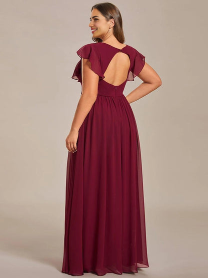 Roselledress Soft Nude Plus Size A Line V Neck Flutter Sleeves Heart Cutout Back Maxi Weeding Guest Dress