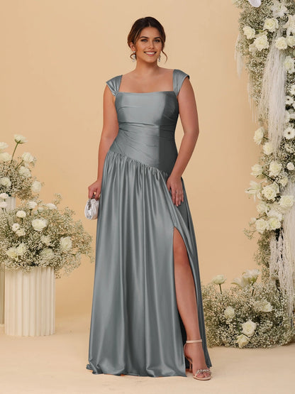 Stunning Champagne A‑Line Convertible‑Neck Ruched Zip‑Back High‑Slit Floor‑Length Bridesmaid Dress