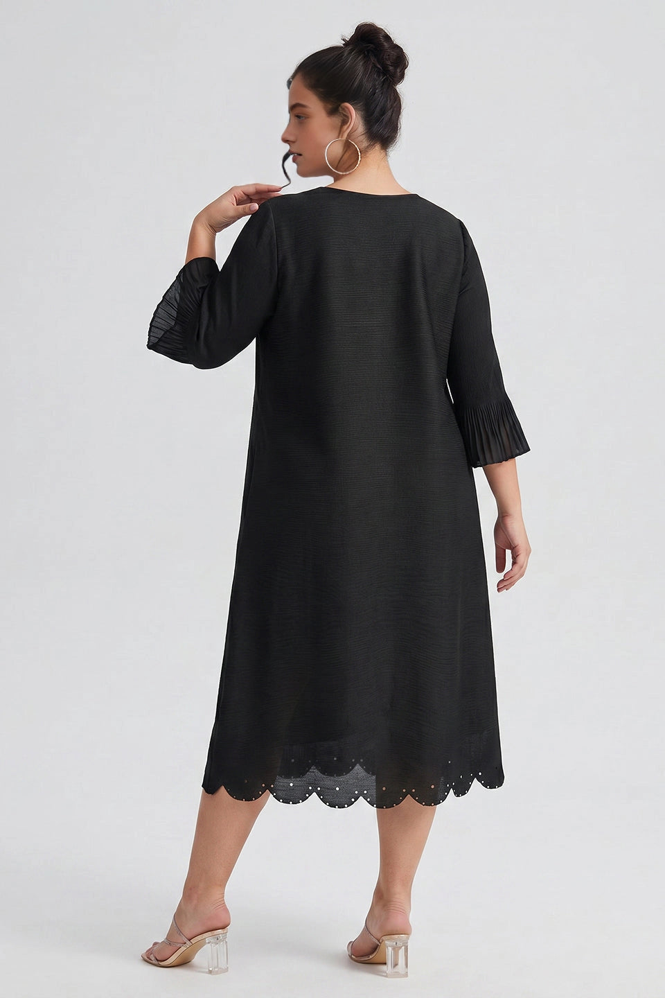 back view black curvy loose midi dress solid plain back scalloped hem textured fabric mom party dress