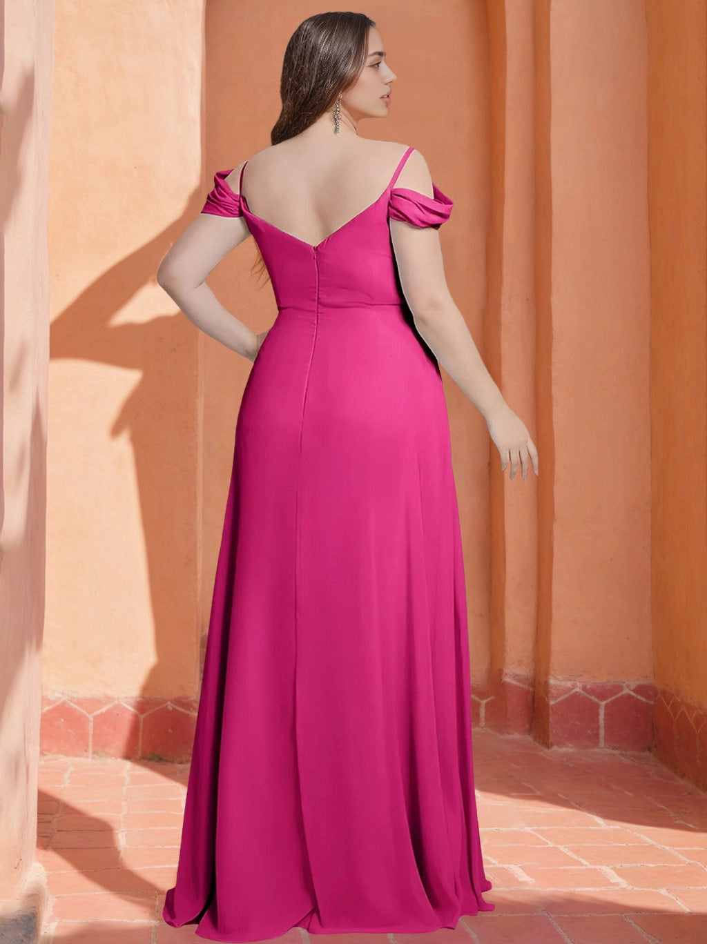 roselledress curvy fuchsia bridesmaid dress simple v open back invisible zipper outdoor bridal long gown