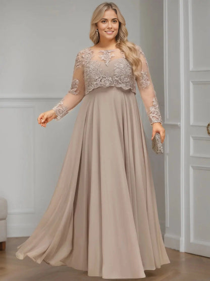 roselledress plus size taupe illusion round neck floral lace long sleeve chiffon mother of bride floor gown