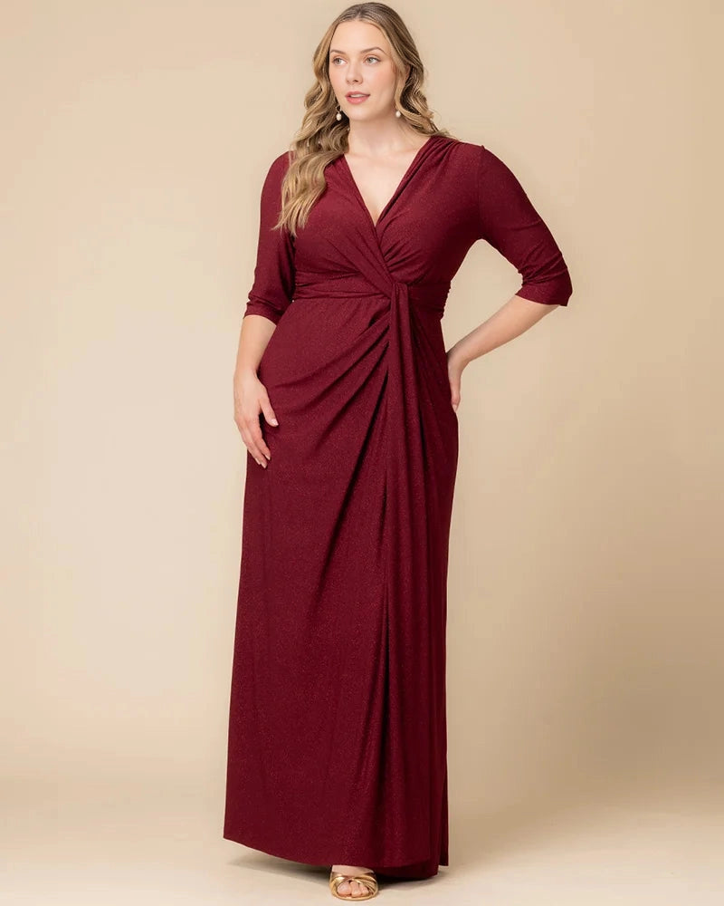 Champagne Plus Size Shimmer Twist‑Front 3/4 Sleeve Maxi Wedding Guest Dress