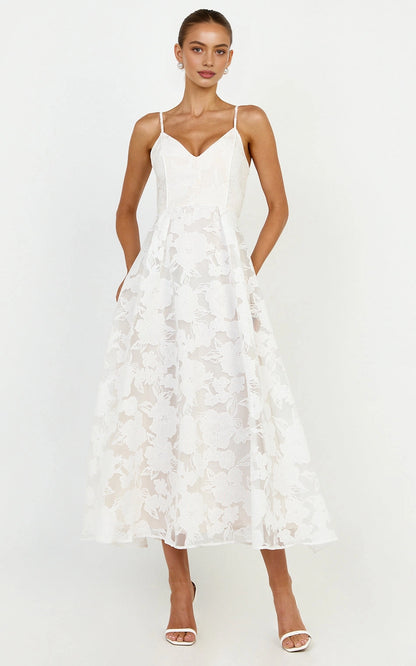 Romantic A-Line Spaghetti Strap V Neck Plain Back Floral Midi Plus Size White Wedding Guest Dress