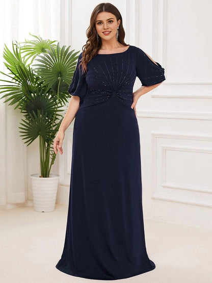 Roselledress Beaded A-Line Plus Size Scoop Cutout Sleeve Zipper Back Floor Weeding Guest Dress