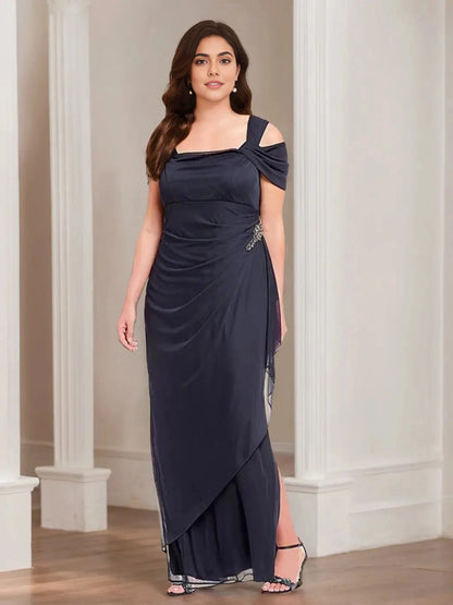 Roselledress navy plus size mother of bride dress cold shoulder mesh short sleeve ruched waist rhinestone side slit evening gown