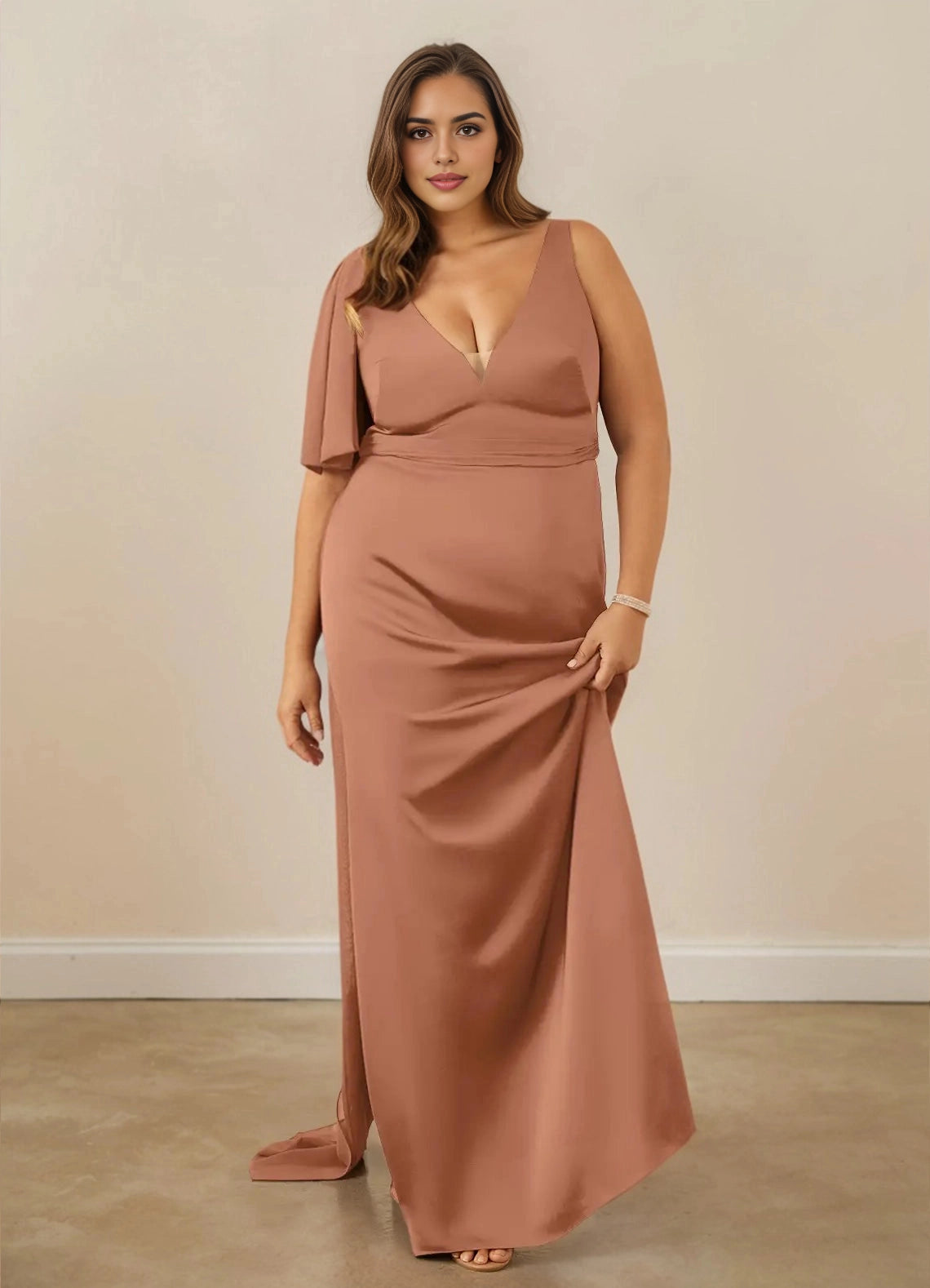 Roselledress Rose gold satin plus size mermaid bridesmaid dress deep v neck single draped sleeve side slit maxi formal gown for wedding guest