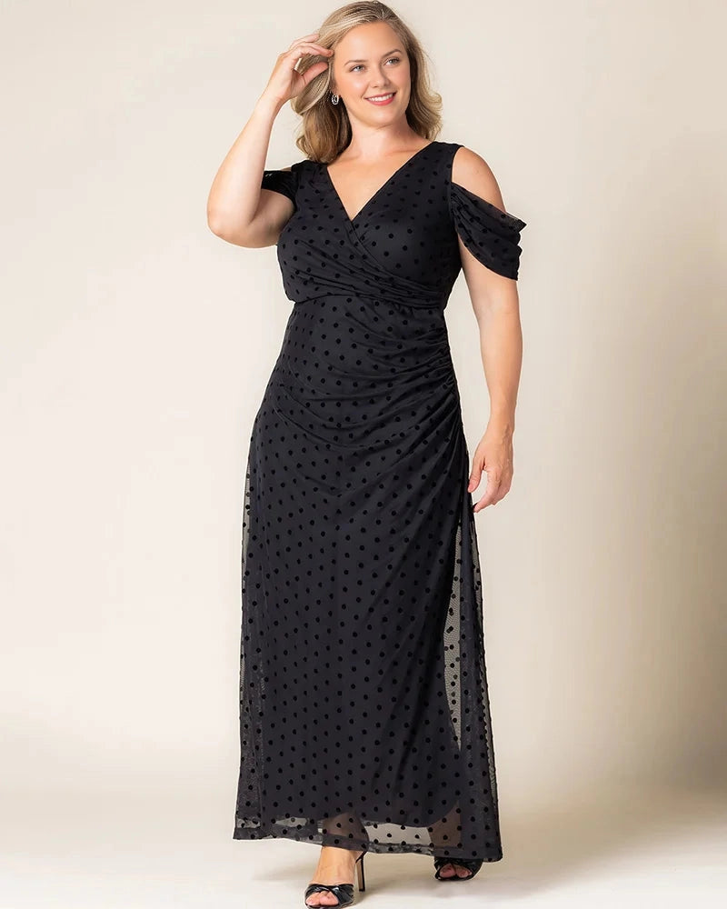 Roselledress Cold‑Shoulder Polka Dot Mesh Slit Maxi Plus Size Wedding Guest Dress