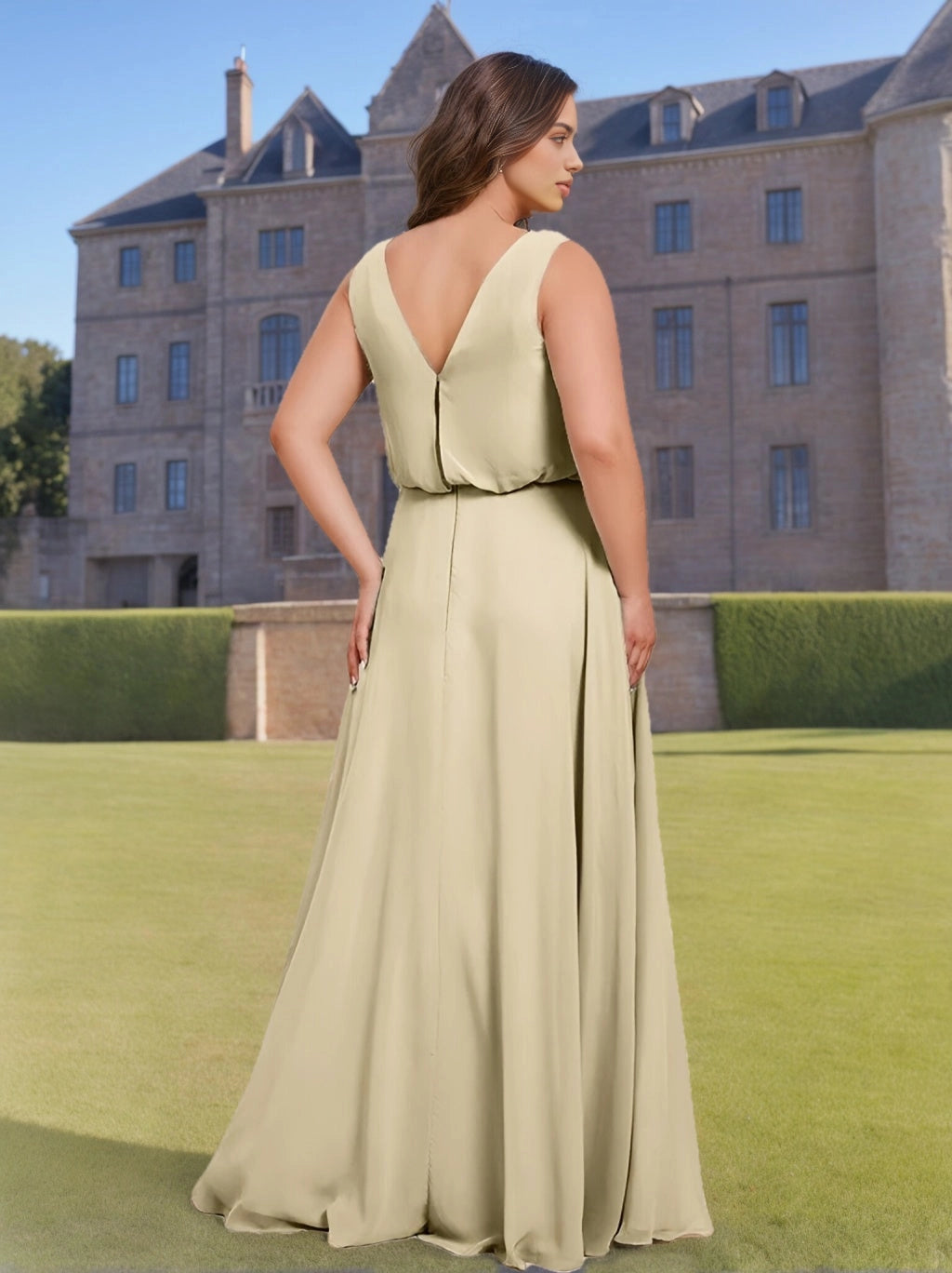 Back view RoselleDress pale olive curvy satin dress deep v open back blouson waist floor-length wedding party dress
