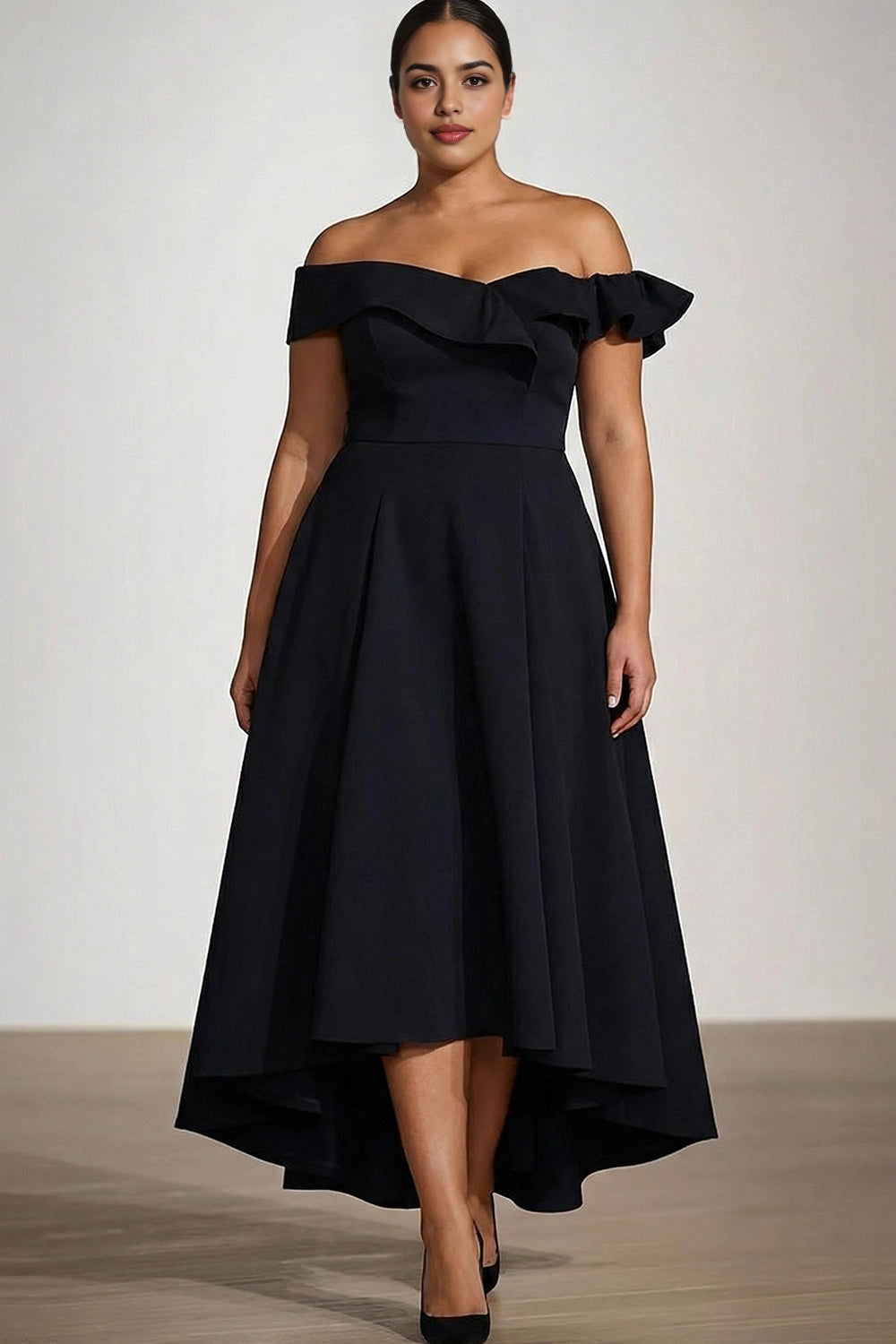 dress black plus size a-line off shoulder ruffle hi-lo formal gown for curvy women cocktail party